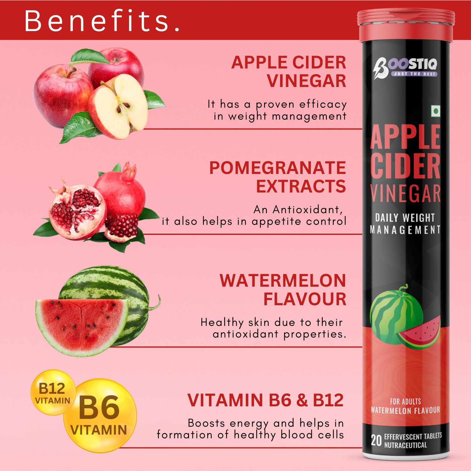 BOOSTIQ Apple Cider Vinegar Effervescent Tablets - Watermelon Flavour | Grocsy