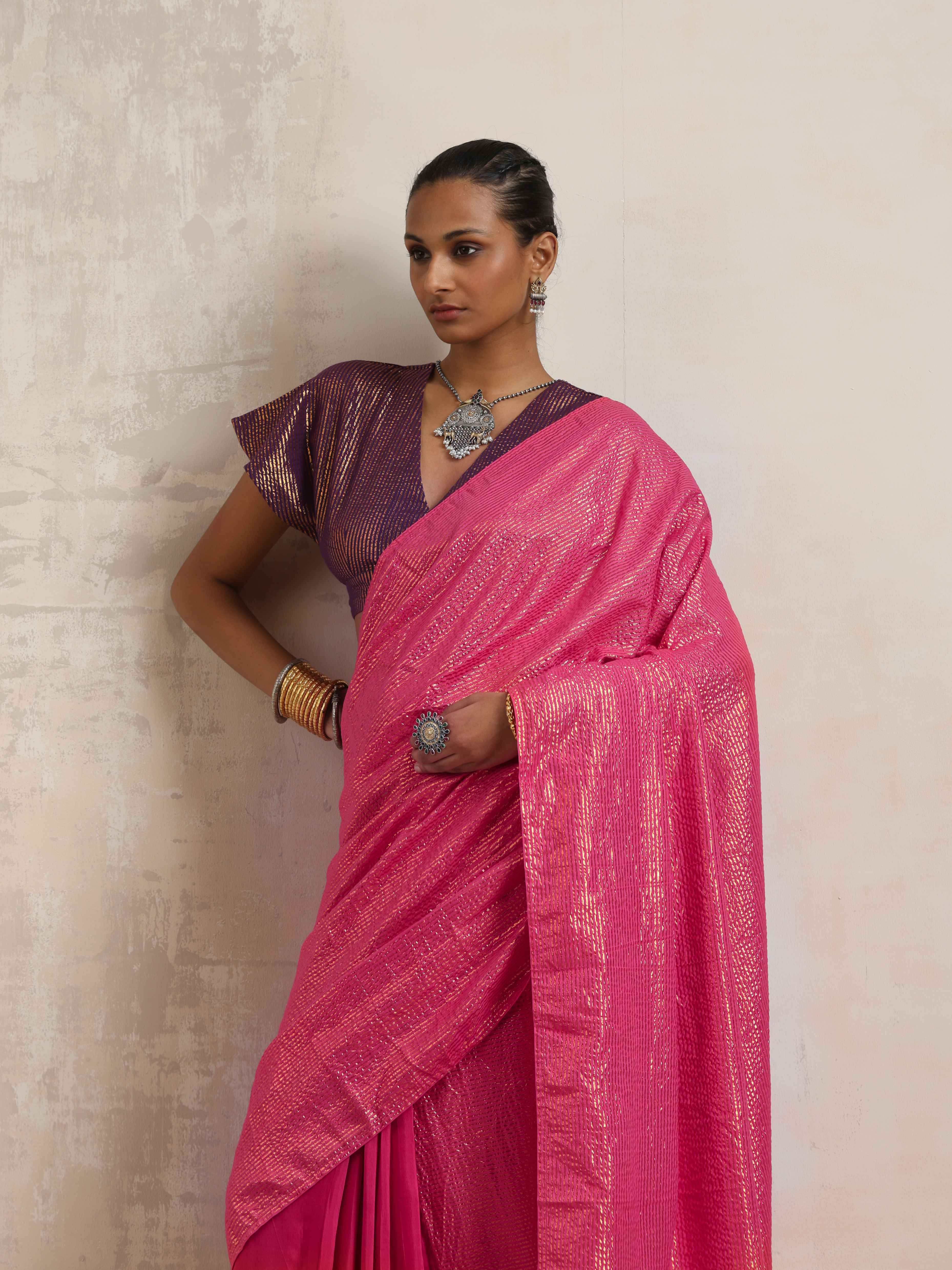 trueBrowns Pink Gold Metallic Ready To Wear Saree | Grocsy