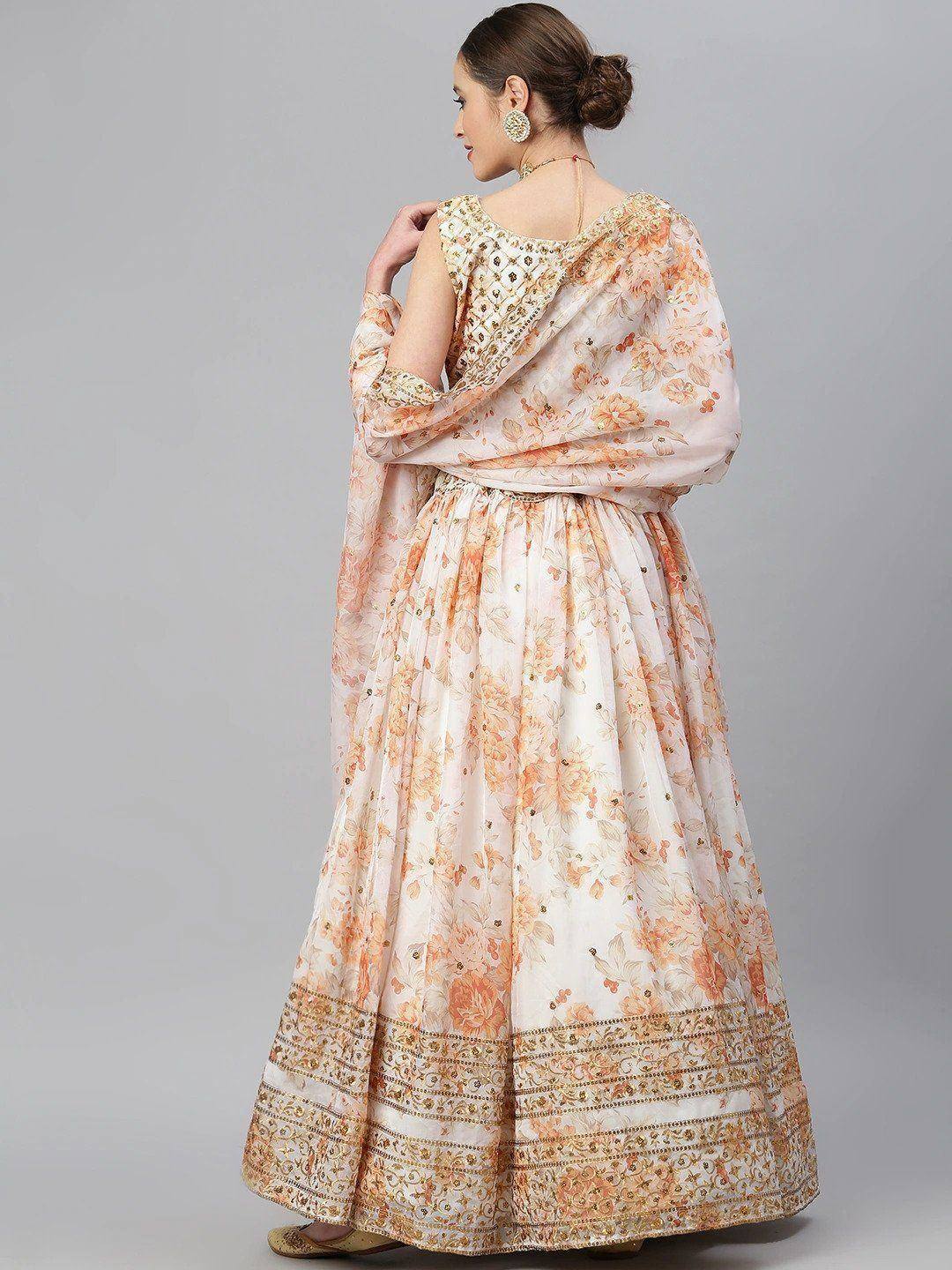 Tulsi Art Off White & Peach-Coloured Embellished Sequinned Semi-Stitched Myntra Lehenga | Grocsy