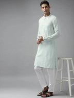 Fabmade Men Sky Blue Cotton Linen Kurta Pyjama | Grocsy