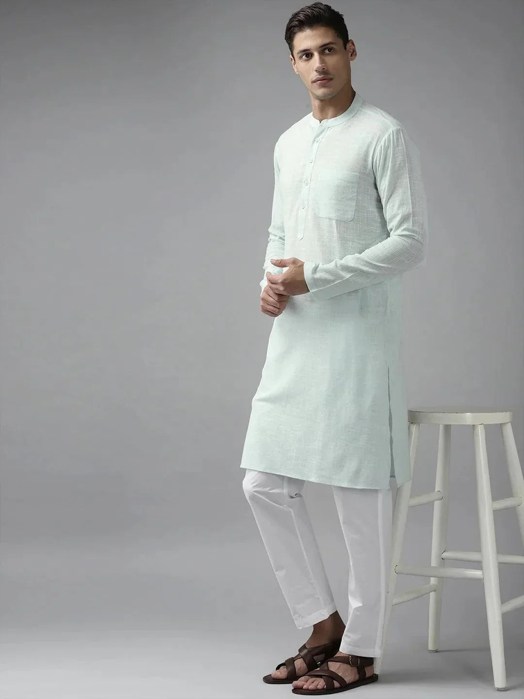 Fabmade Men Sky Blue Cotton Linen Kurta Pyjama | Grocsy