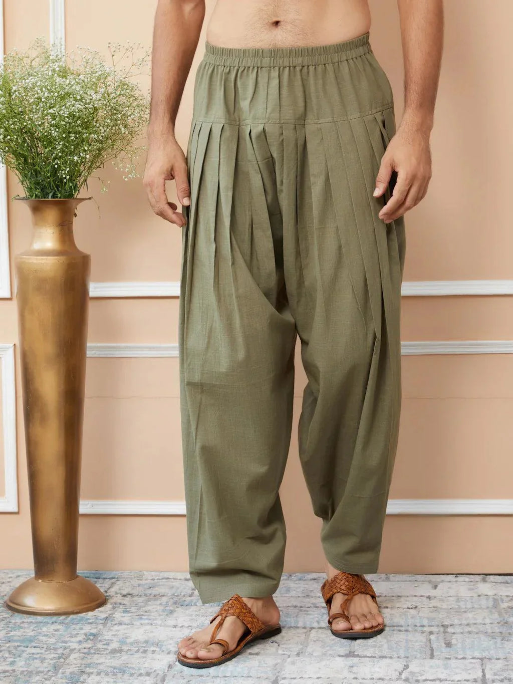 Fabmade Olive Cotton Linen Pathani Kurta With Salwar | Grocsy