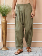 Fabmade Olive Cotton Linen Pathani Kurta With Salwar | Grocsy