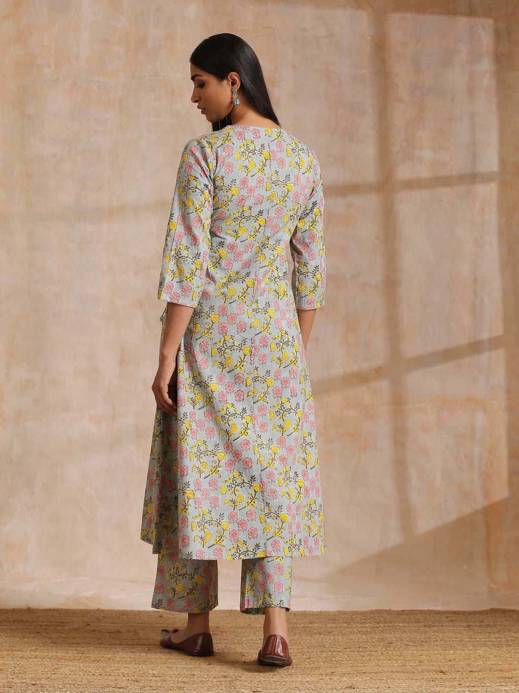 trueBrowns Grey Overall Floral Block Print Cotton Angrakha Kurta Pant Set | Grocsy