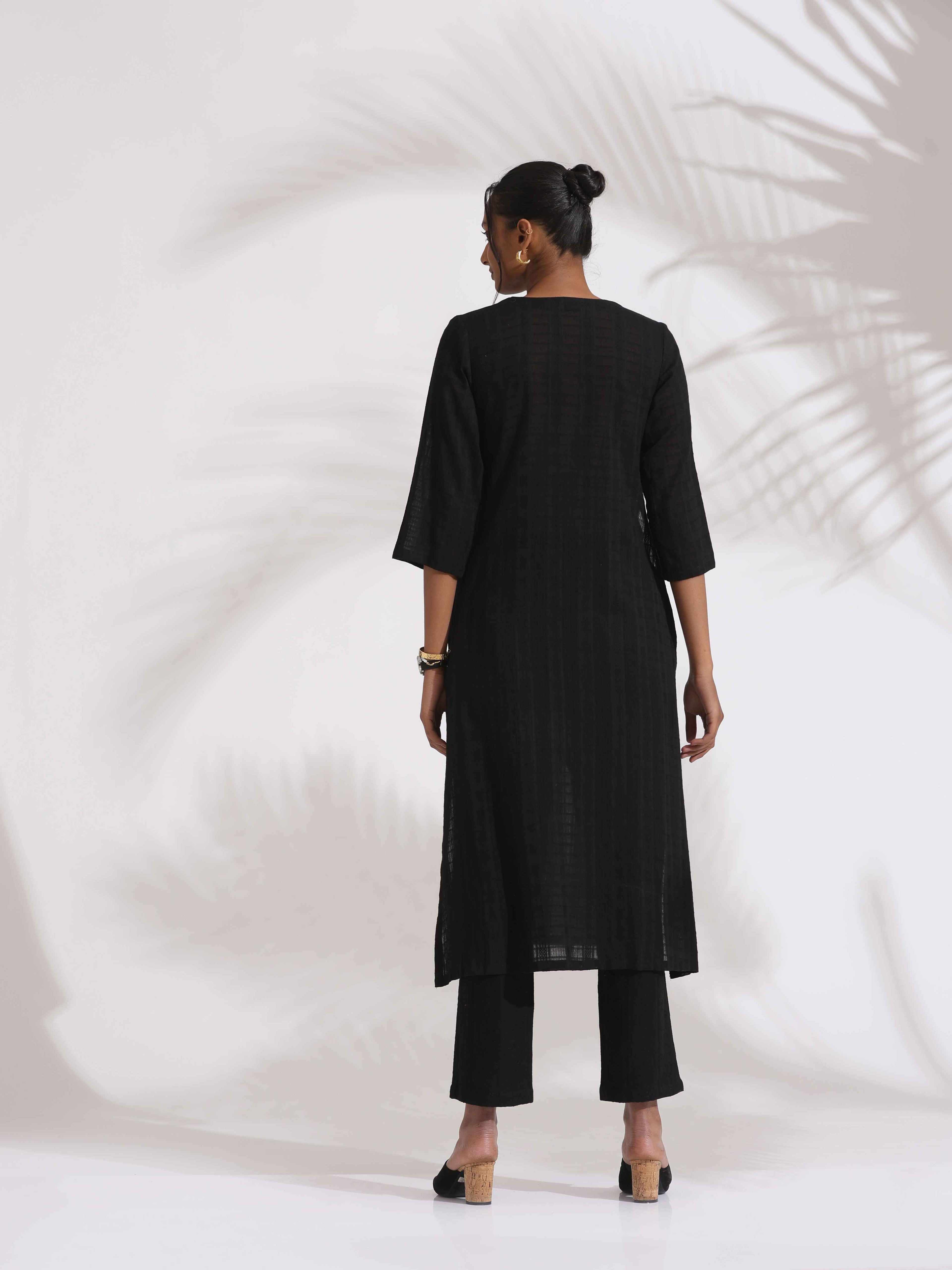 trueBrowns Black Cotton High Slit Kurta Set | Grocsy