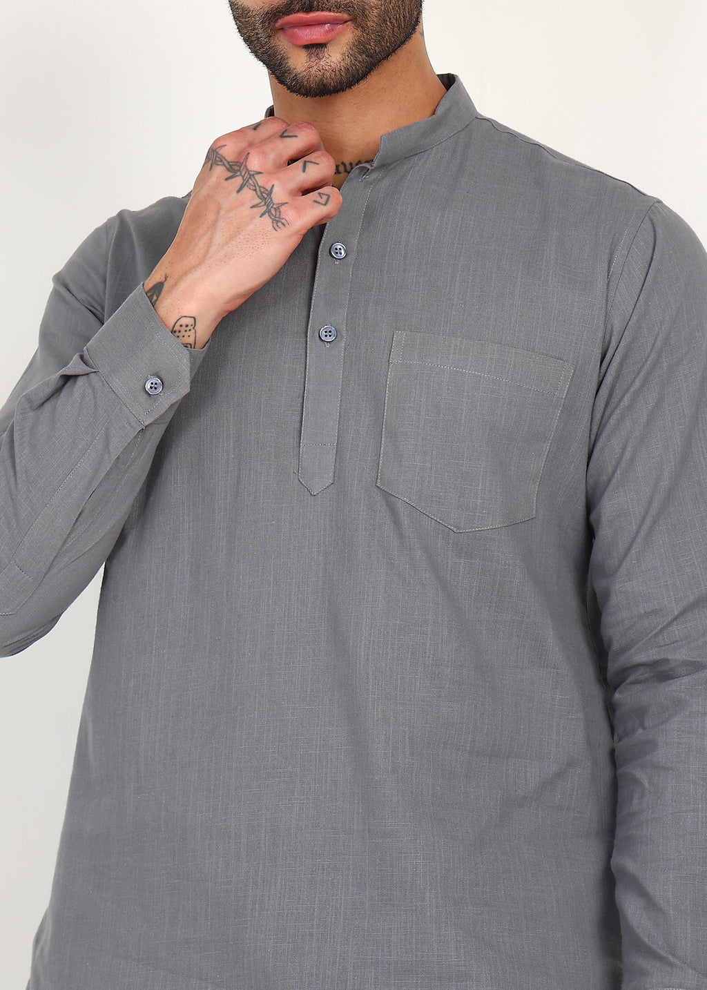 Fabmade Slate Grey Linen Short Kurta Co-Ord Set | Grocsy