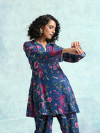 trueBrowns Blue Printed Velvet Co-Ord Set | Grocsy