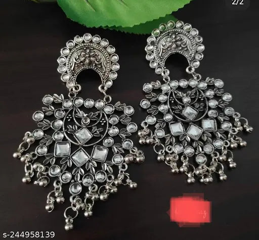 Tehzeeb Creations Women's Silver Colour Oxidised Earrings With Kundan | Grocsy