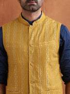 trueBrowns Men's Mustard Cotton Dobby Reversible Nehru Jacket | Grocsy