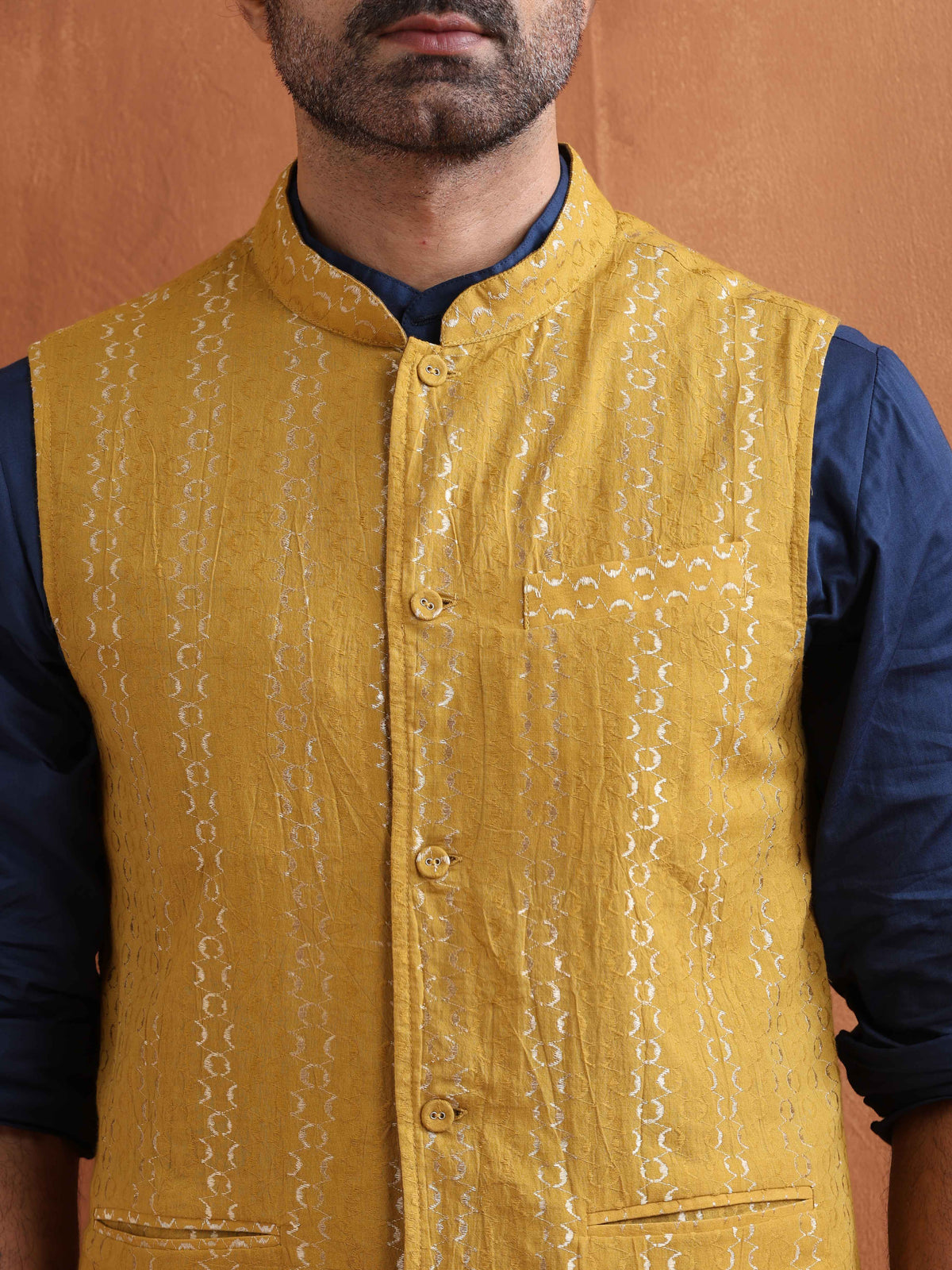 trueBrowns Men's Mustard Cotton Dobby Reversible Nehru Jacket | Grocsy