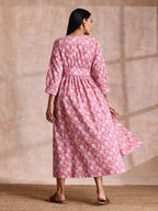 trueBrowns Pink Overall Floral Block Print Cotton Wrap Dress | Grocsy