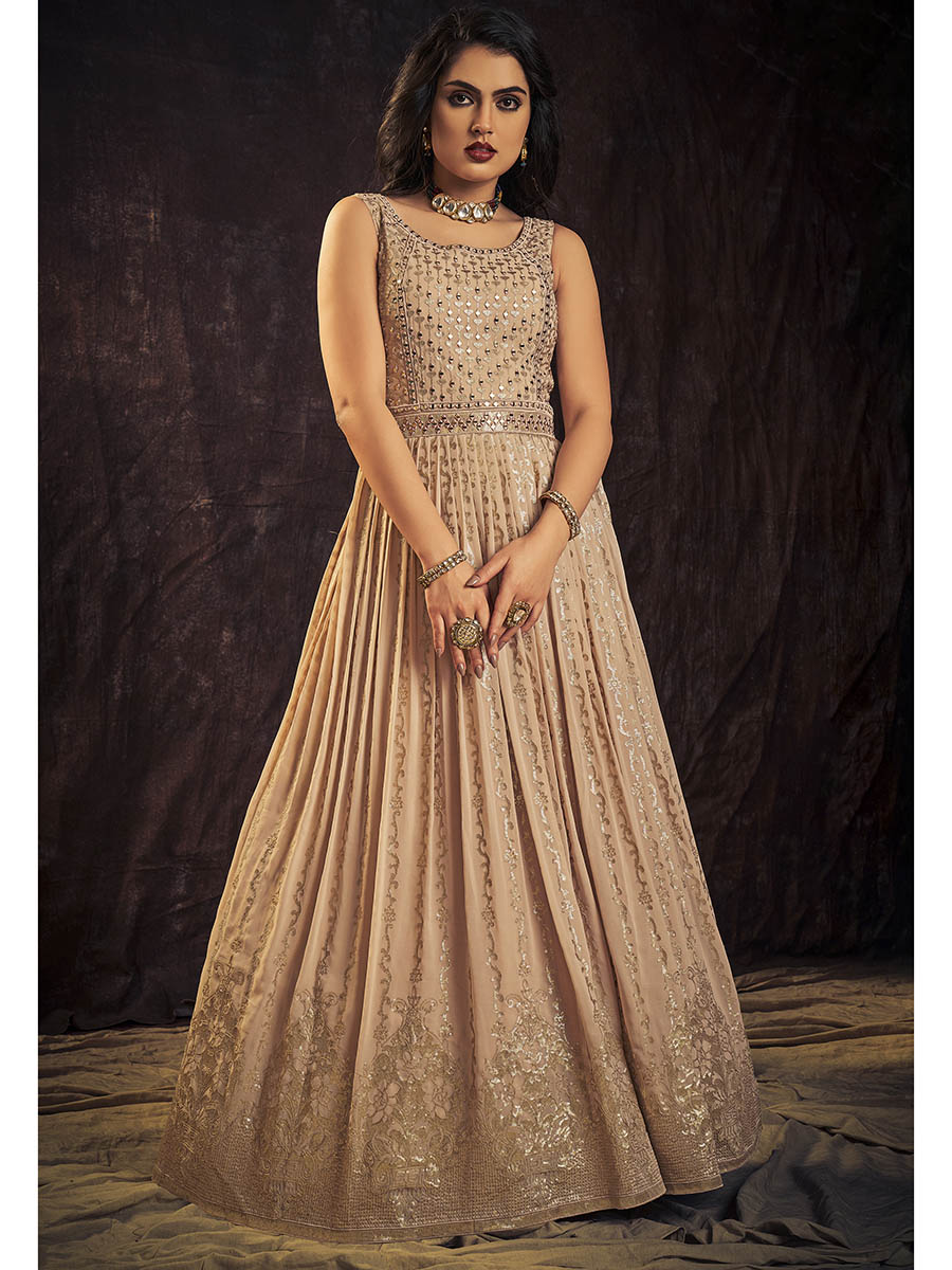 Myra Peach Real Georgette Designer Gown Style Suit | Grocsy