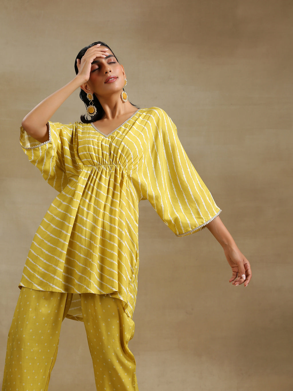 trueBrowns Lime Green Bandhani Printed Silk Drop Shoulder Co-Ord Set | Grocsy