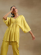 trueBrowns Lime Green Bandhani Printed Silk Drop Shoulder Co-Ord Set | Grocsy