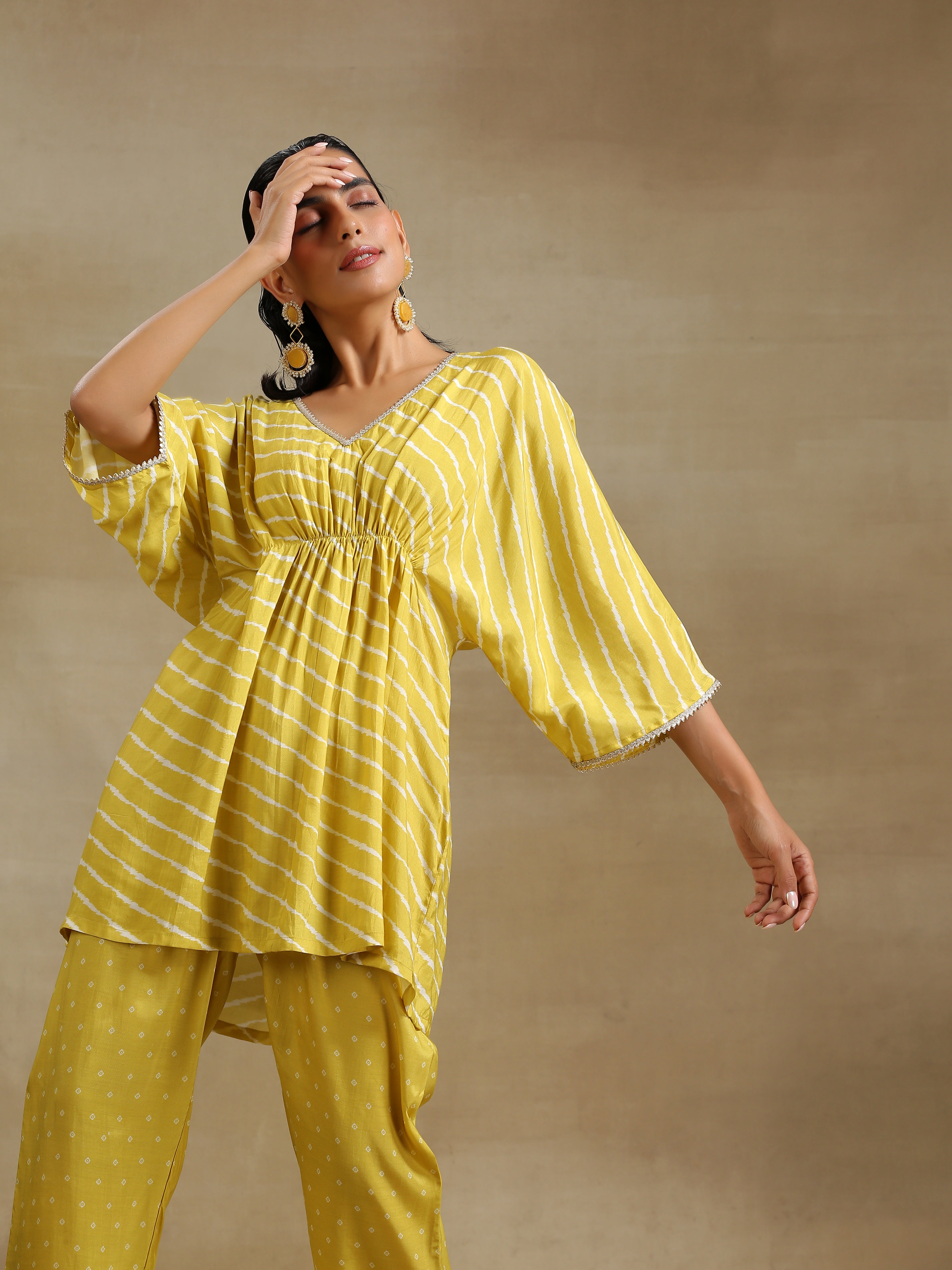 trueBrowns Lime Green Bandhani Printed Silk Drop Shoulder Co-Ord Set | Grocsy