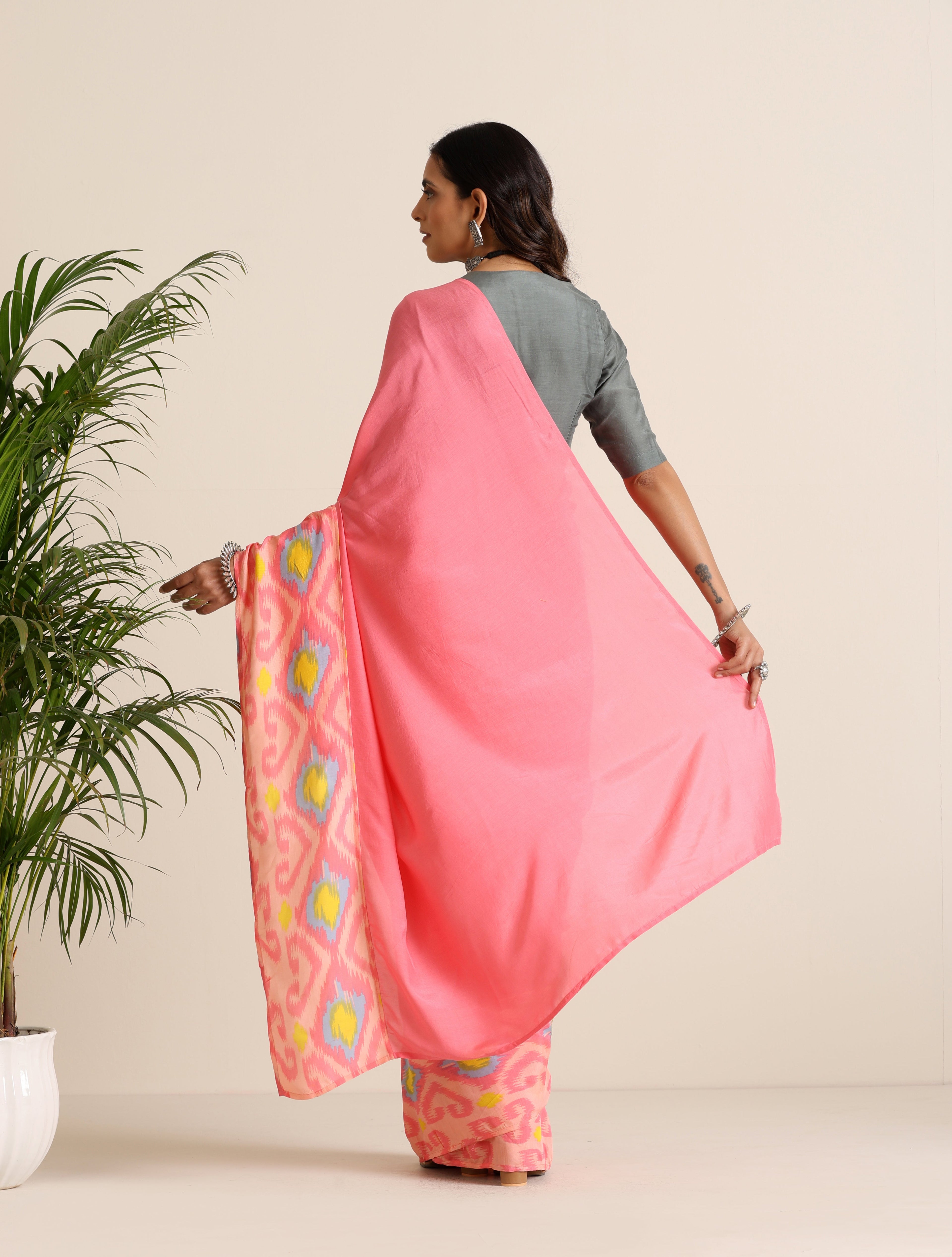 trueBrowns Pink Lime Muslin Ikat Saree | Grocsy