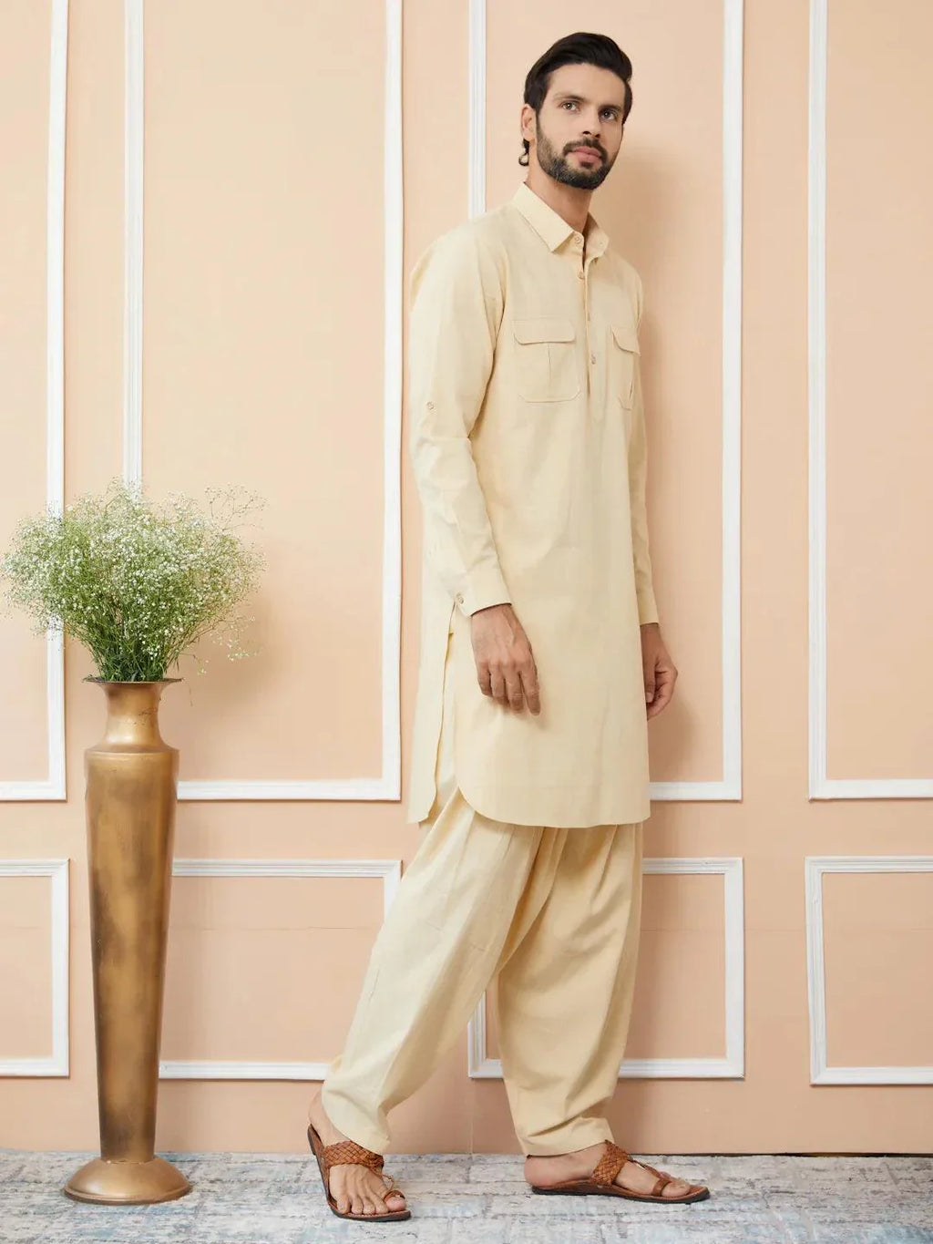 Fabmade Beige Cotton Linen Pathani Kurta With Salwar | Grocsy