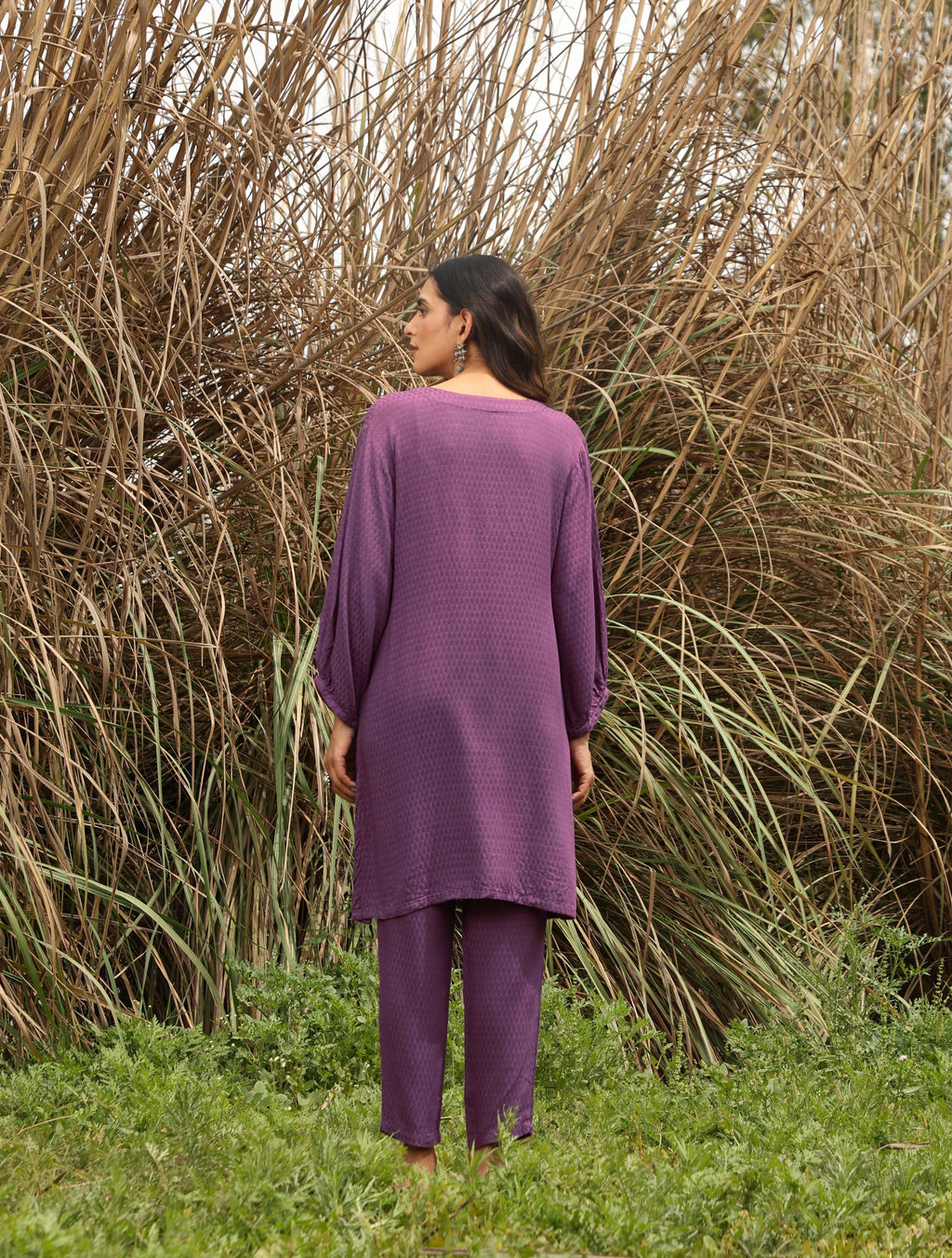 trueBrowns Purple Viscose Dobby Relaxed Co-ord Set | Grocsy