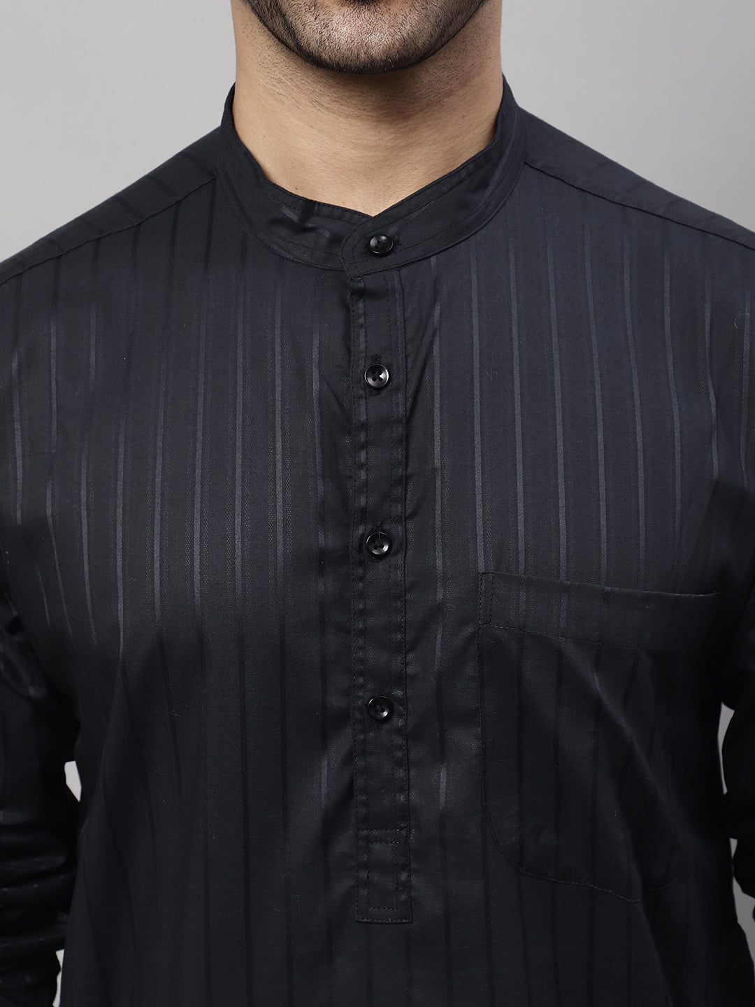 Even Apparels Black Pure Cotton Kurta With Band Collar | Grocsy