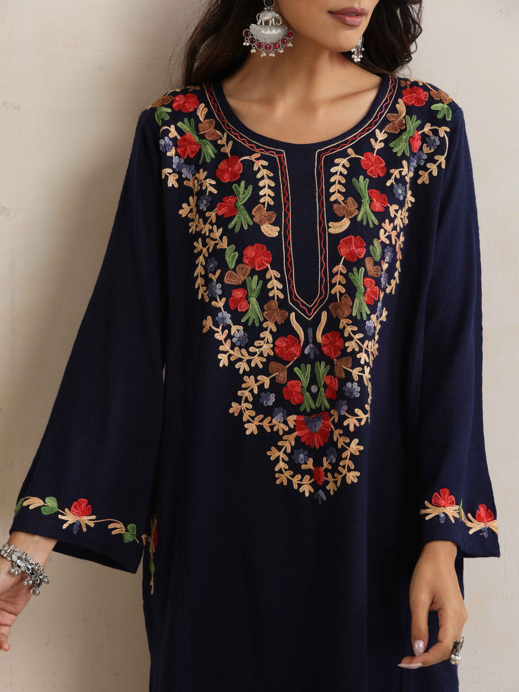 trueBrowns Blue Kashmiri Embroidered Woollen Phiran Kurta | Grocsy