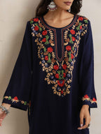 trueBrowns Blue Kashmiri Embroidered Woollen Phiran Kurta | Grocsy