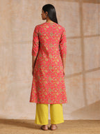 trueBrowns Flamingo Pink Overall Floral Block Print Cotton Slit Kurta Pant Set | Grocsy