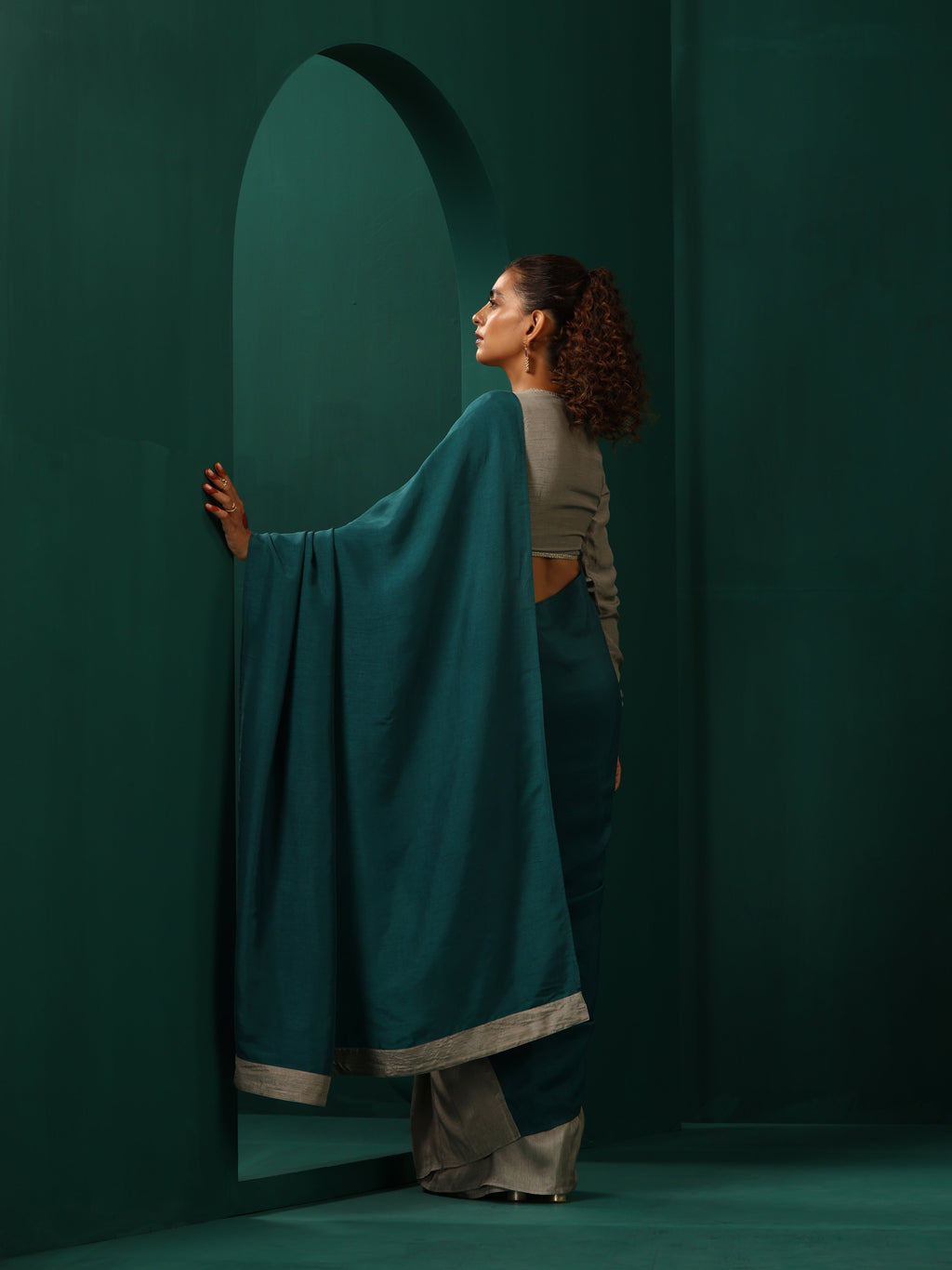 trueBrowns Teal Grey Silk Ready to Wear Saree | Grocsy