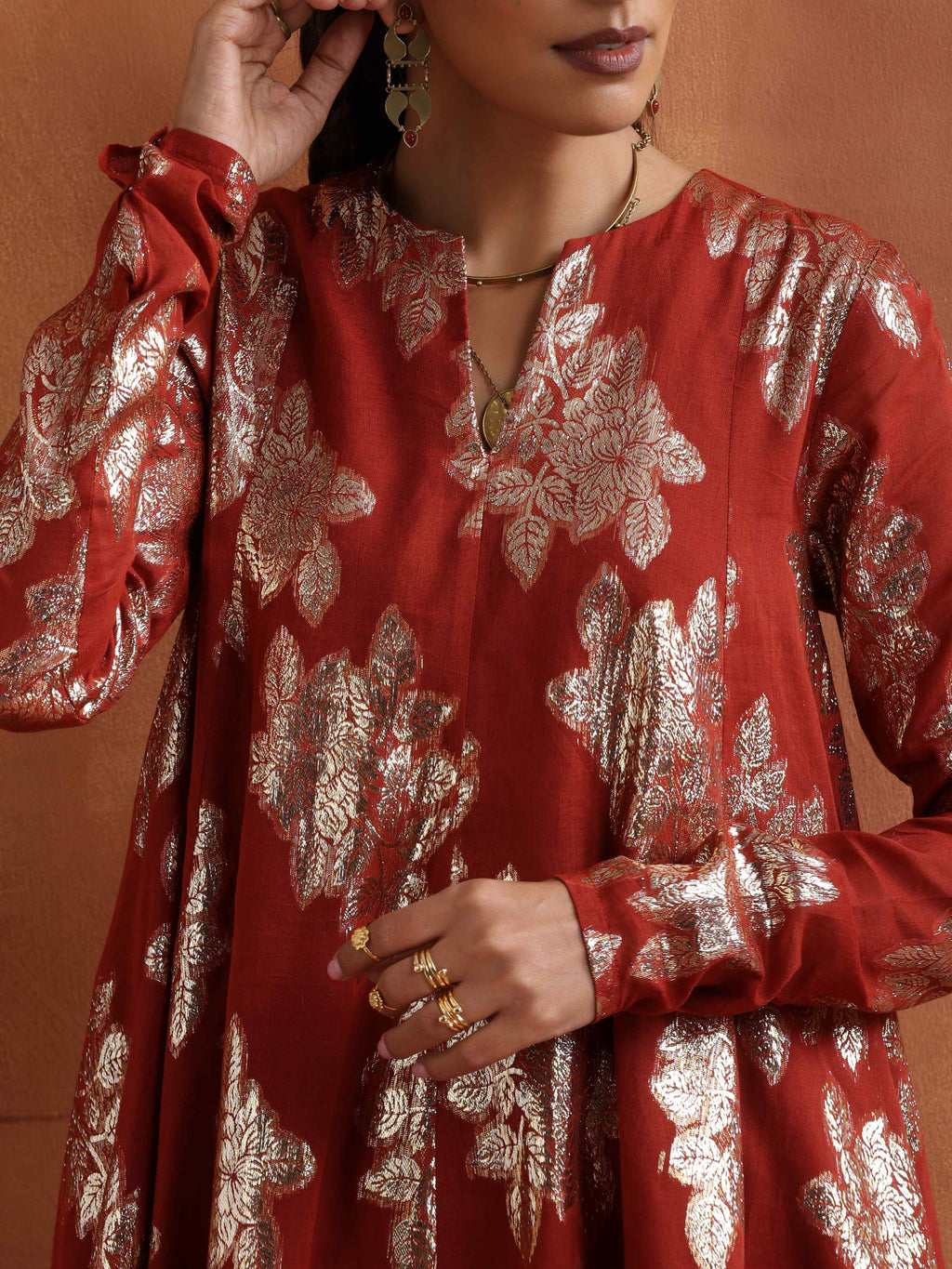trueBrowns Rust Metallic Flared Anarkali Co-ord Set | Grocsy
