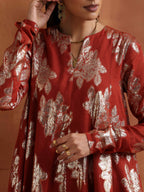 trueBrowns Rust Metallic Flared Anarkali Co-ord Set | Grocsy