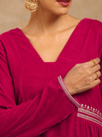 trueBrowns Rani Pink Velvet Embroidered Kurta | Grocsy