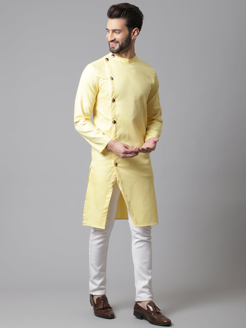 Even Apparels Yellow Sherwani Kurta With Asymetrical Cut | Grocsy