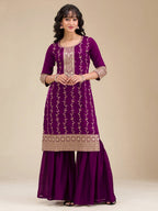 The52 Beautiful Embroidered Vichitra Silk Fabric Straight Kurta, Palazzo and Dupatta Set | Grocsy