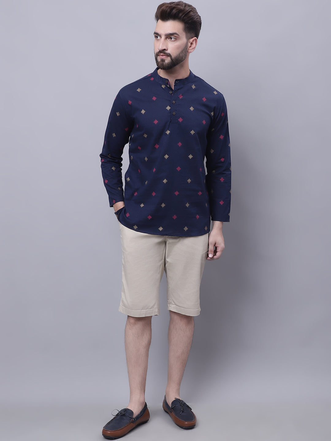 Even Apparels Blue Pure Cotton Short Kurta With Band Collar | Grocsy