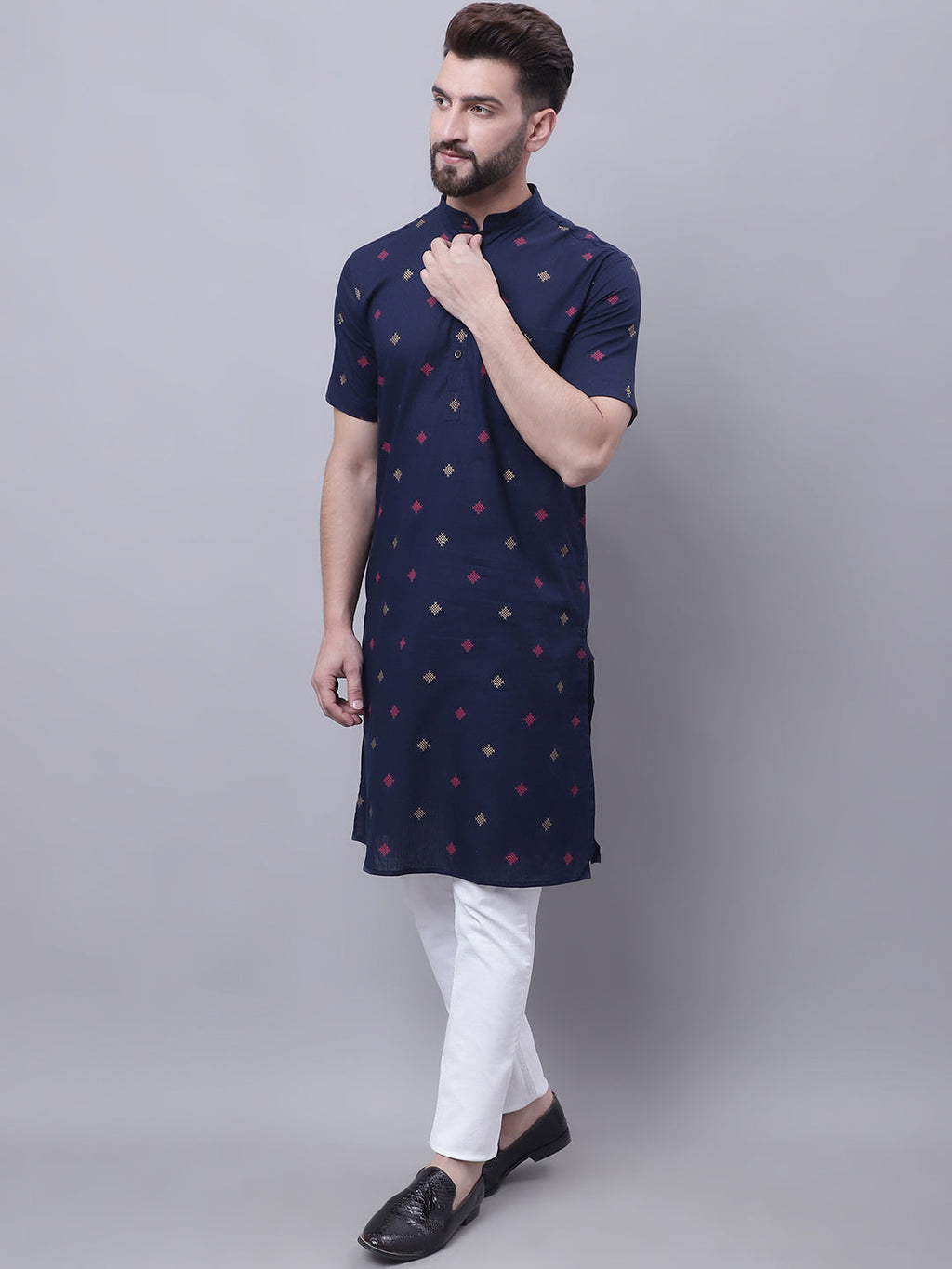 Even Apparels Blue Pure Cotton Short Sleeves Kurta With Band Collar | Grocsy