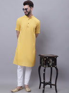 Even Apparels Yellow Pure Cotton Short Sleeves Kurta With Band Collar | Grocsy