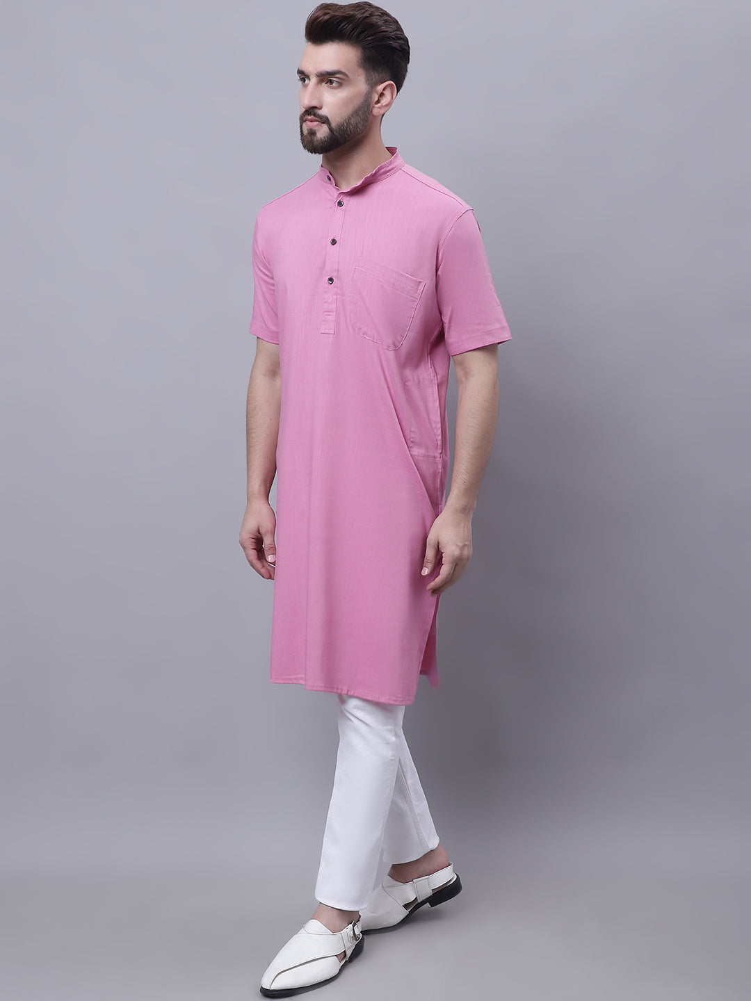 Even Apparels Pink Pure Cotton Short Sleeves Kurta With Band Collar | Grocsy