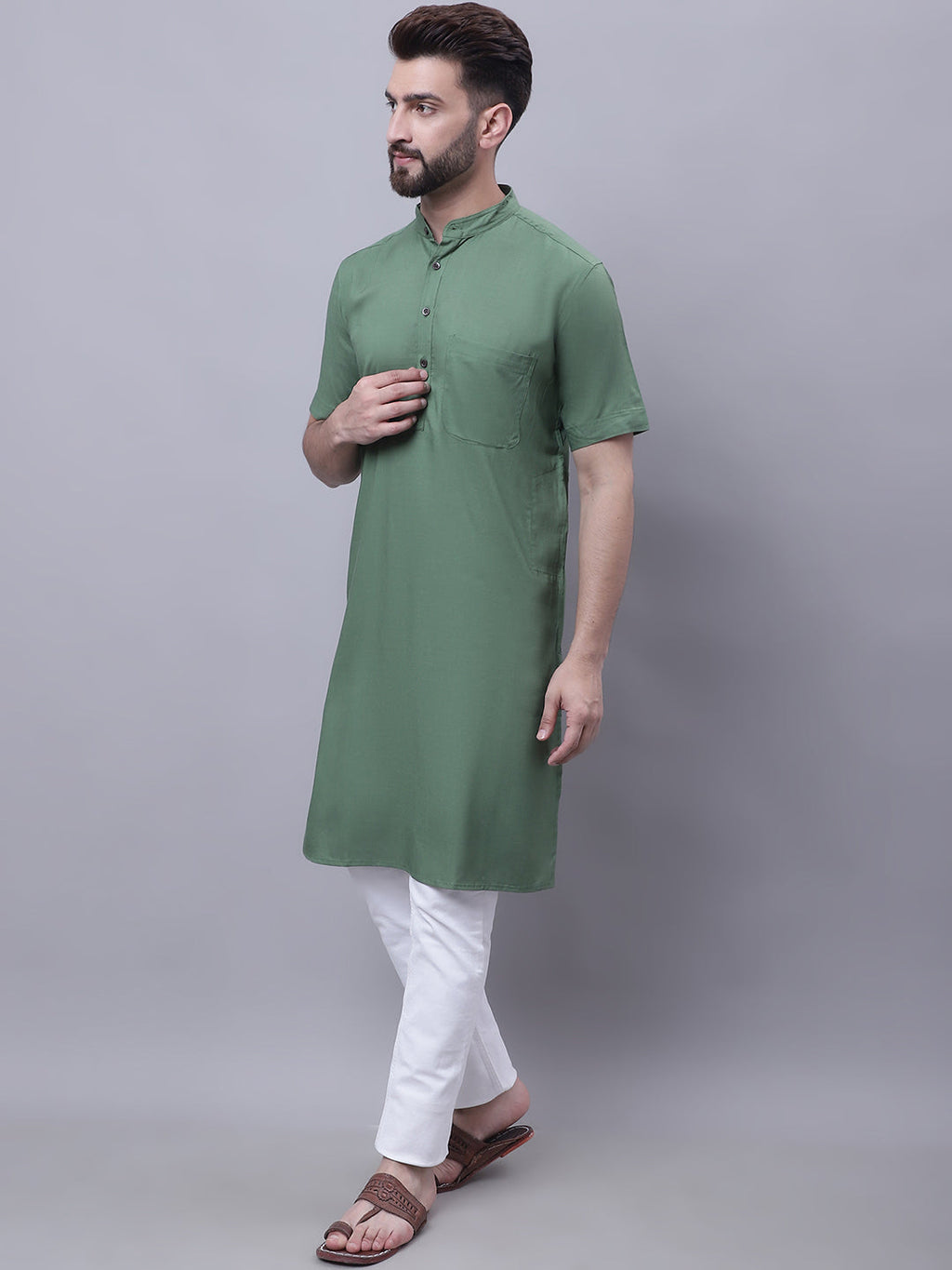 Even Apparels Green Pure Cotton Short Sleeves Kurta With Band Collar | Grocsy