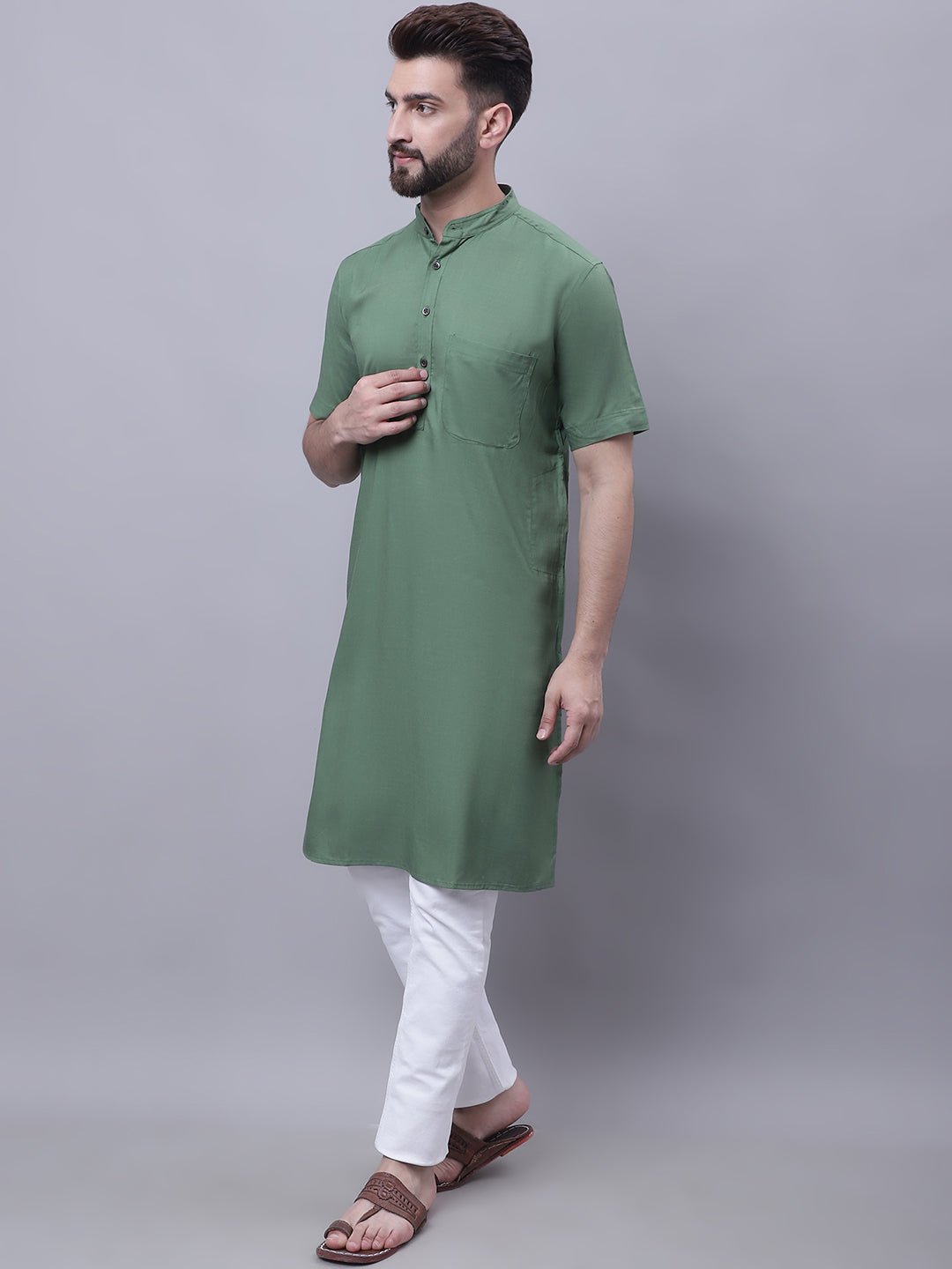 Even Apparels Green Pure Cotton Short Sleeves Kurta With Band Collar | Grocsy