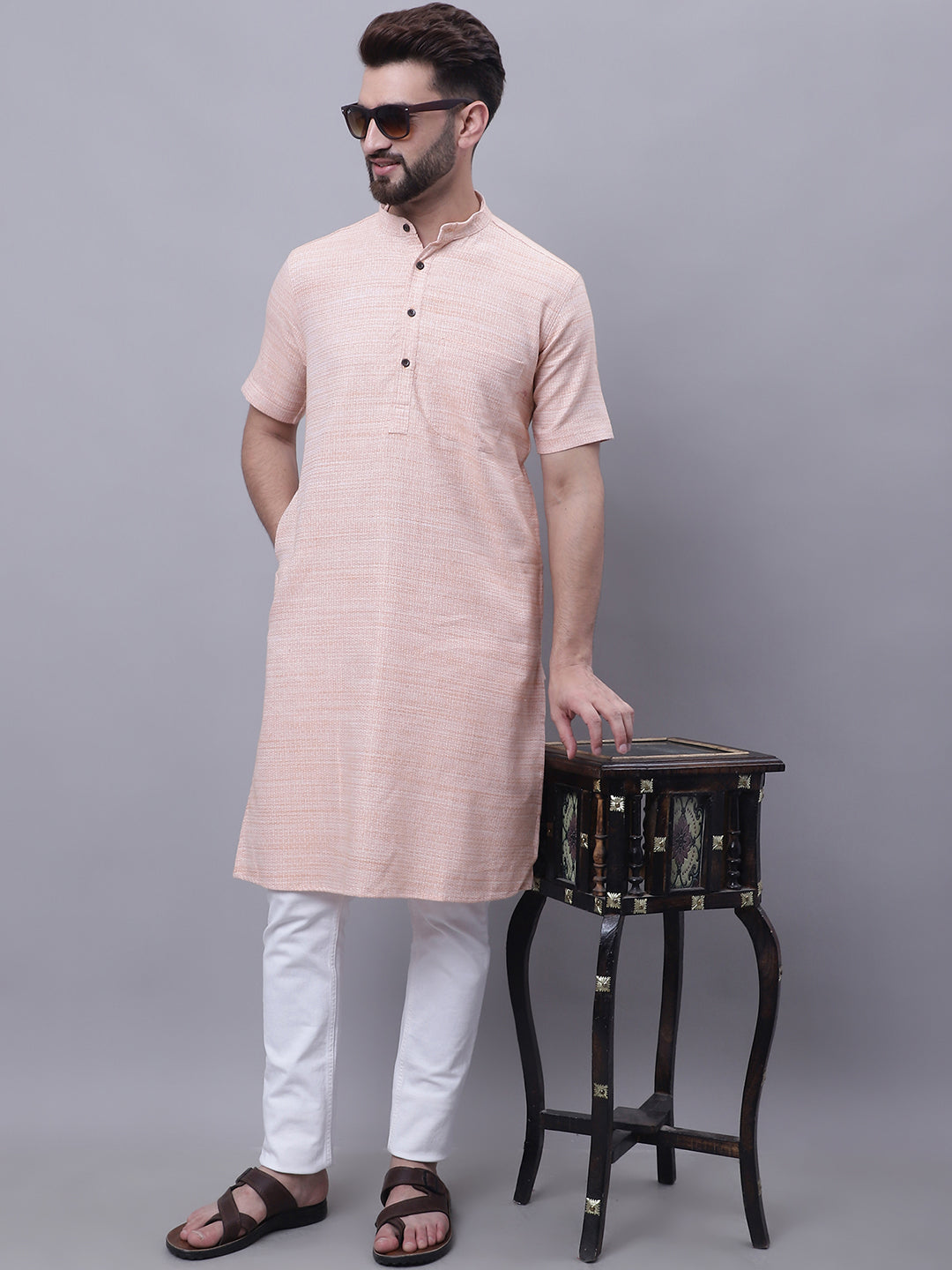 Even Apparels Peach Pure Cotton Short Sleeves Kurta With Band Collar | Grocsy