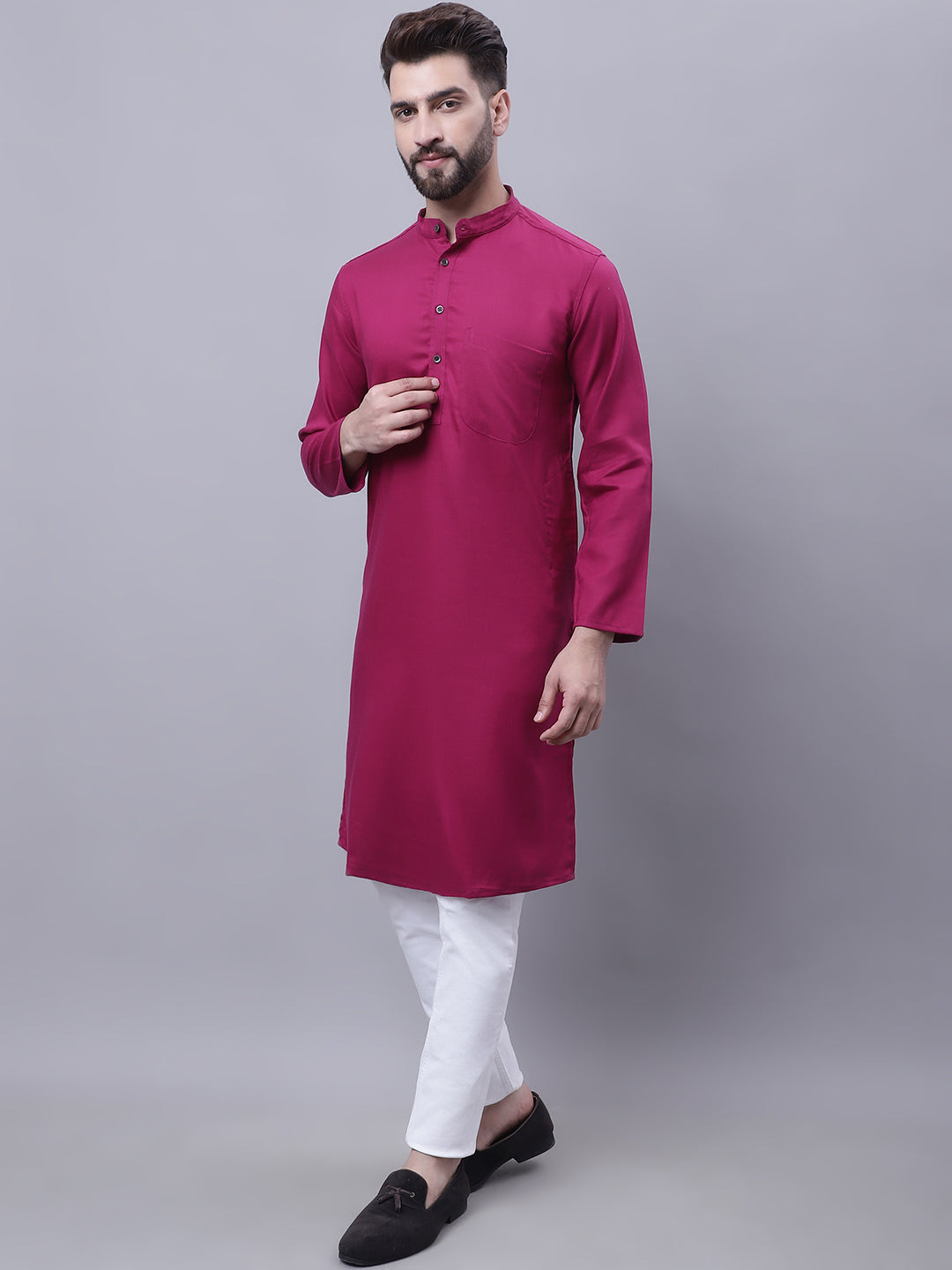 Even Apparels Wine Pure Cotton Kurta With Band Collar | Grocsy