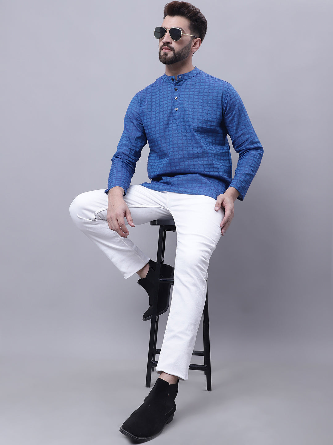 Even Apparels Blue Pure Cotton Short Kurta With Band Collar | Grocsy