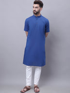 Even Apparels Blue Pure Cotton Short Sleeves Kurta With Band Collar | Grocsy