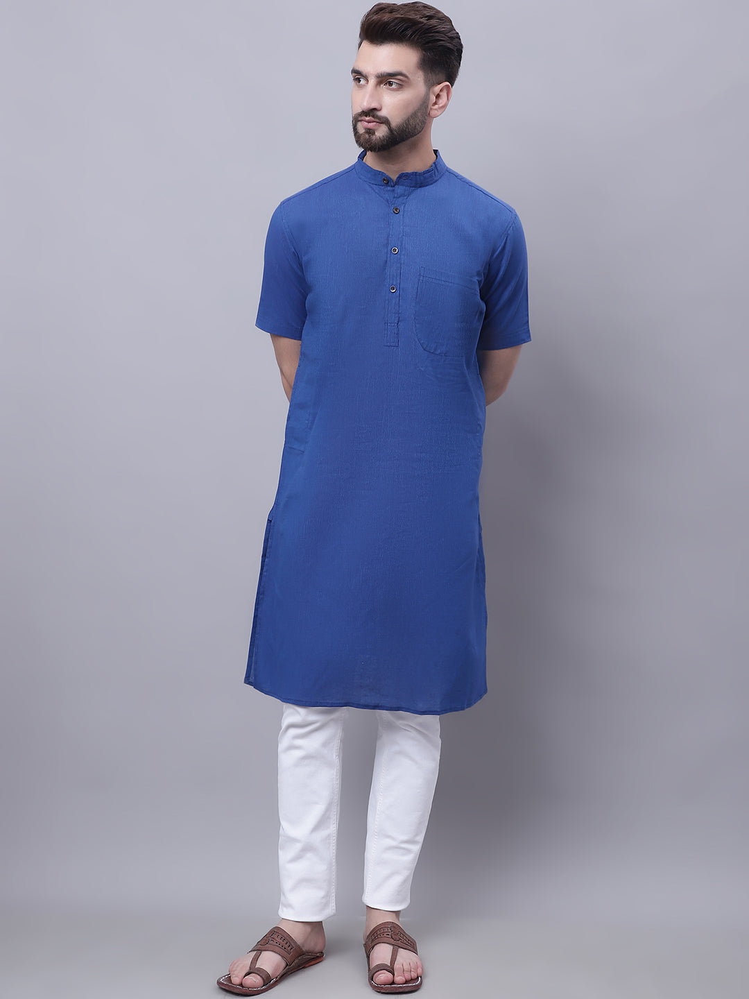 Even Apparels Blue Pure Cotton Short Sleeves Kurta With Band Collar | Grocsy