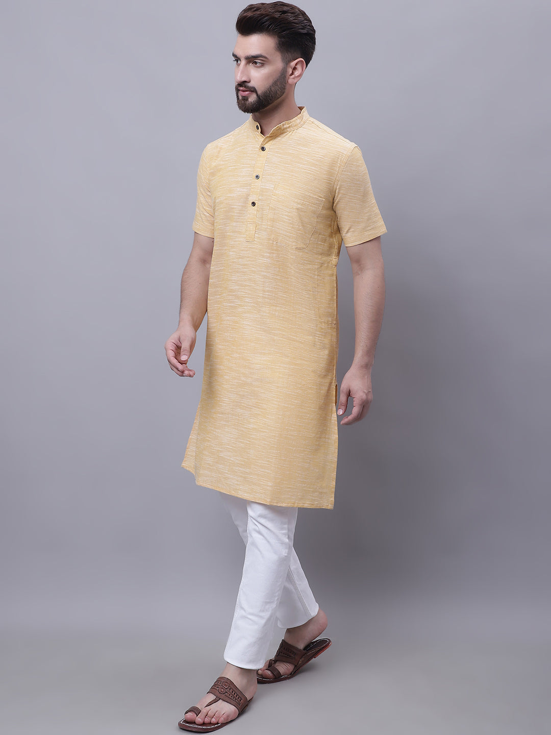 Even Apparels Yellow Pure Cotton Short Sleeves Kurta With Band Collar | Grocsy