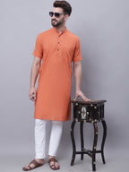 Even Apparels Rust Pure Cotton Short Sleeves Kurta With Band Collar | Grocsy