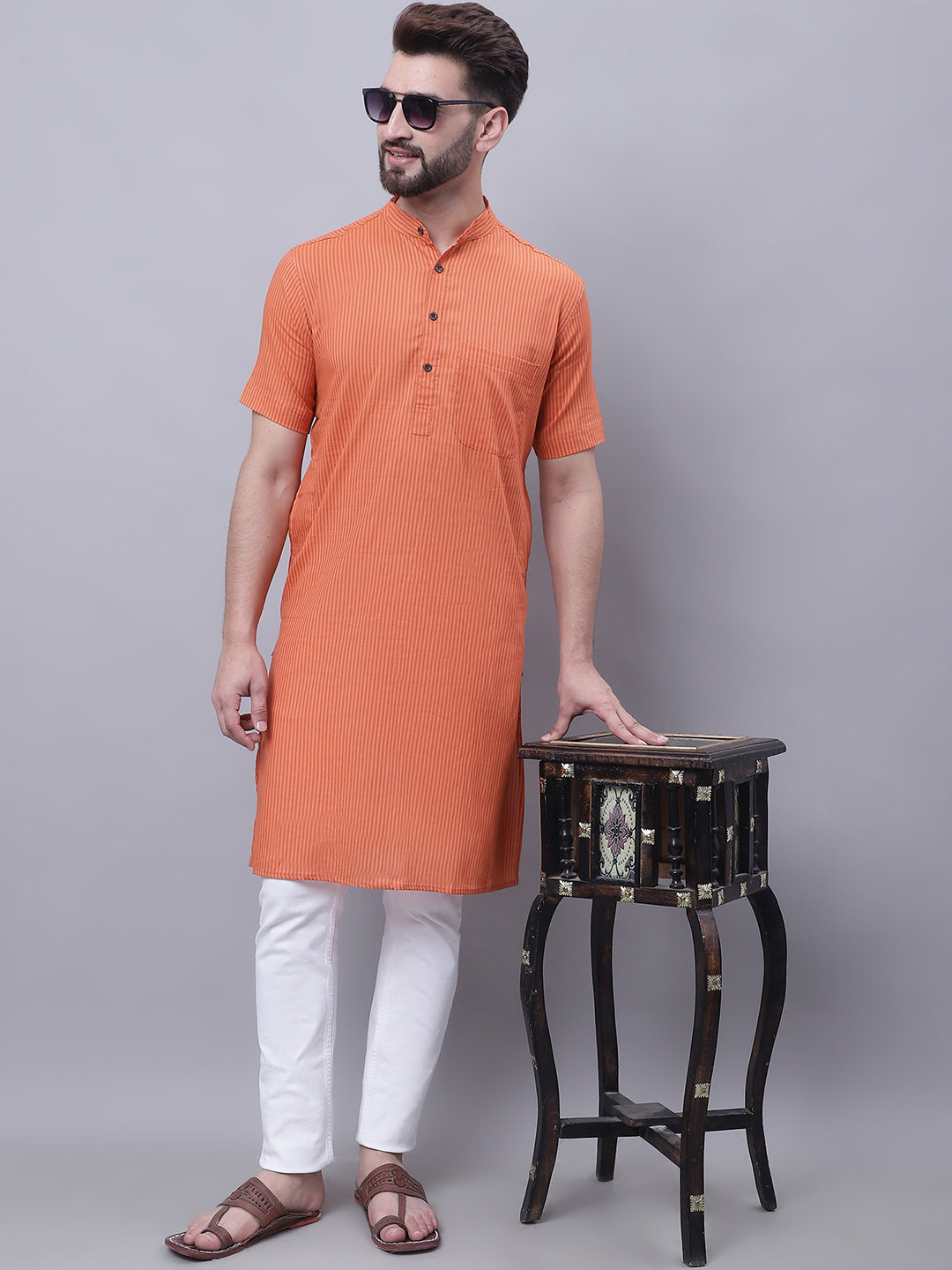 Even Apparels Rust Pure Cotton Short Sleeves Kurta With Band Collar | Grocsy