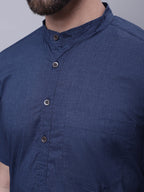 Even Apparels Blue Pure Cotton Short Sleeves Kurta With Band Collar | Grocsy