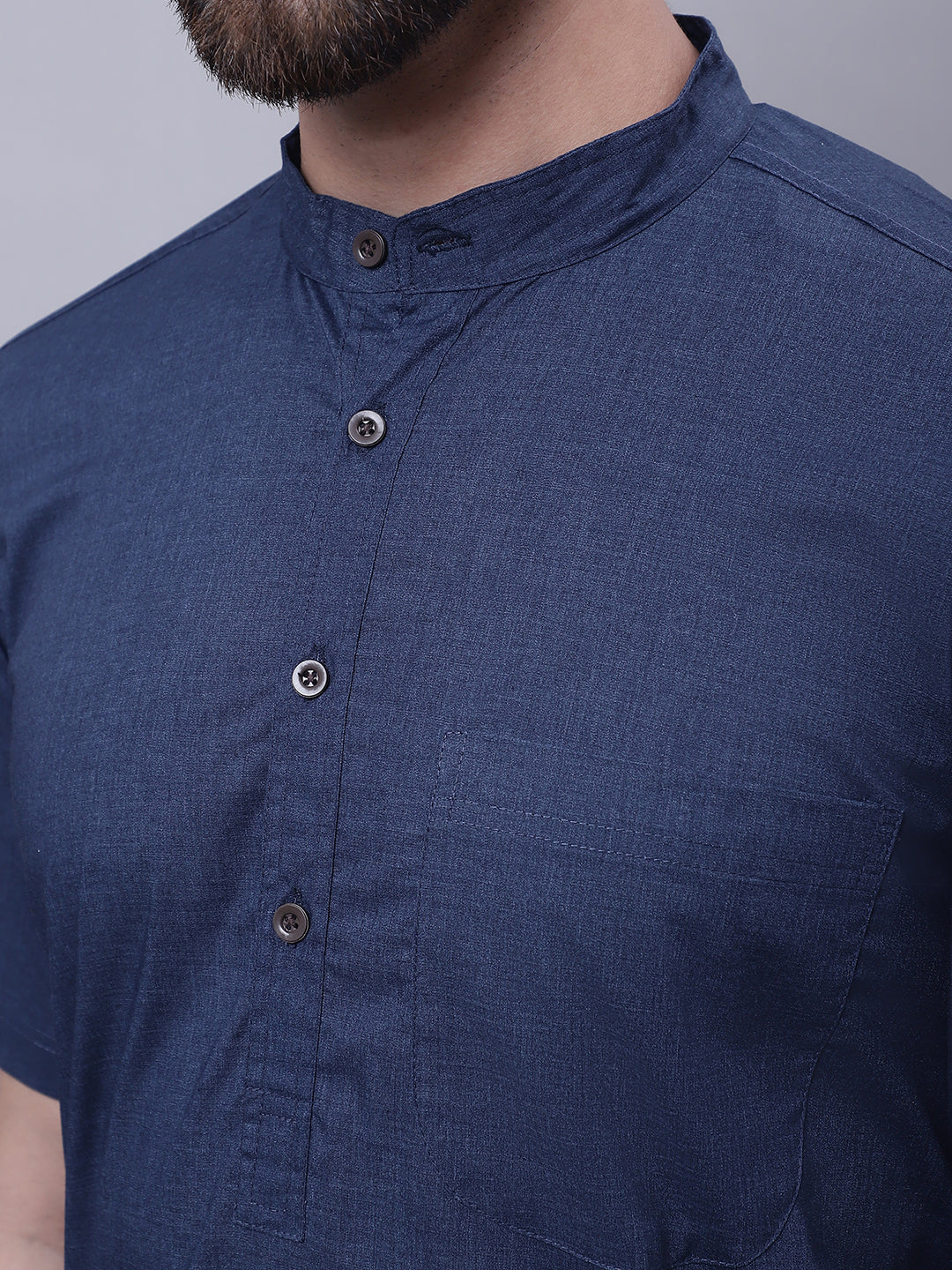 Even Apparels Blue Pure Cotton Short Sleeves Kurta With Band Collar | Grocsy
