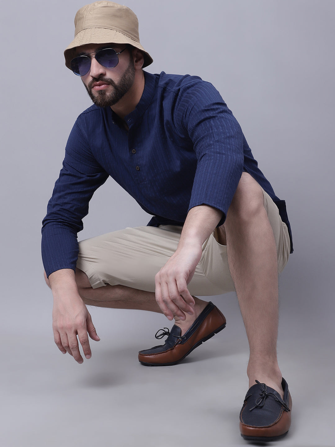 Even Apparels Blue Pure Cotton Short Kurta With Band Collar | Grocsy