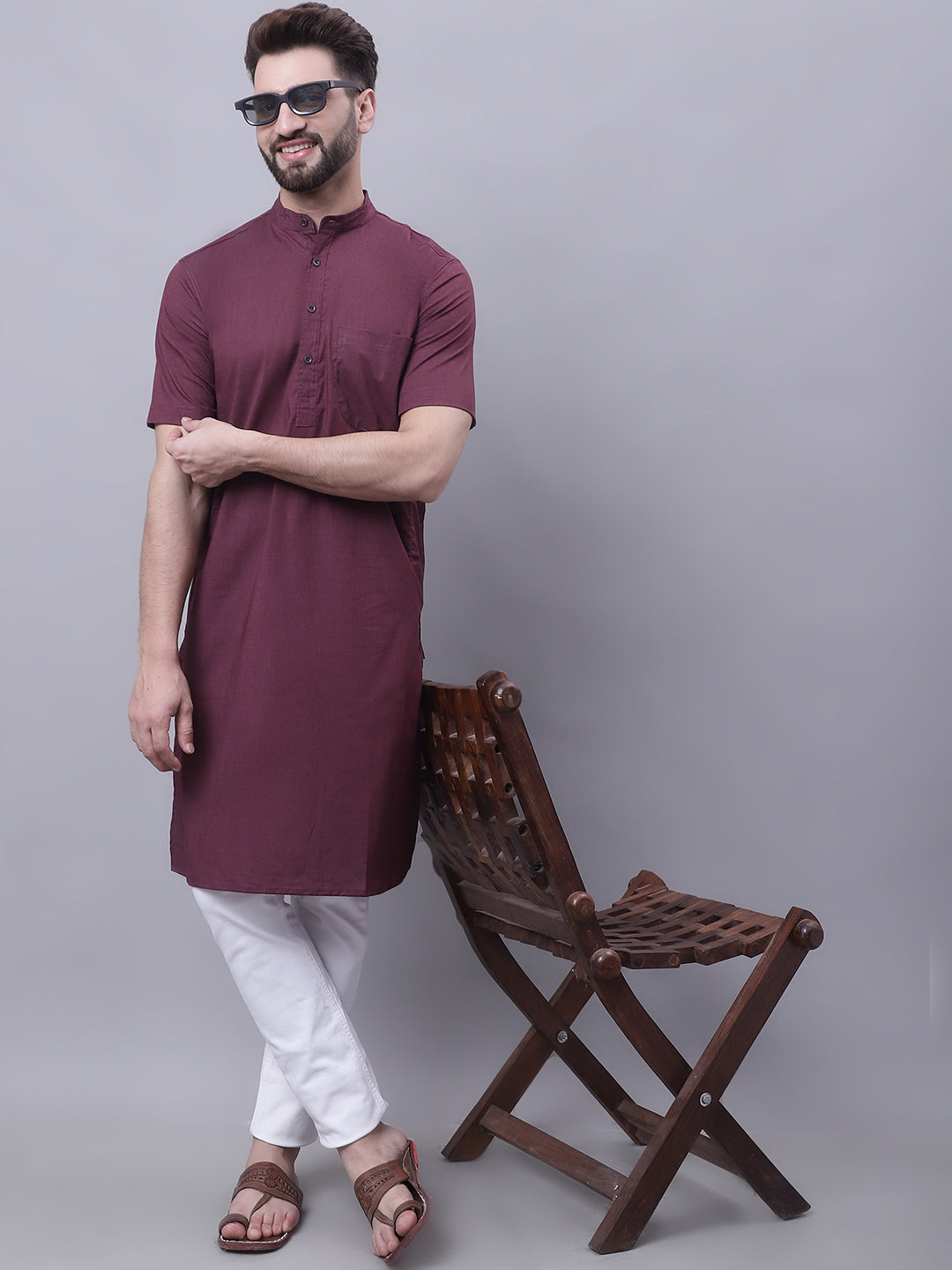 Even Apparels Wine Pure Cotton Short Sleeves Kurta With Band Collar | Grocsy